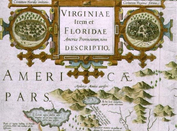 Kartusz tytułowy i wstawki, fragment mapy Północnej Karoliny pt. Virginiae item et Floridae, z Mercator Atlas... z 1606, wyd. Jodocusa Hondiusa, 1619 (ręcznie kolorowane grawerowanie) (patrz także autorstwa Jodocus Hondius