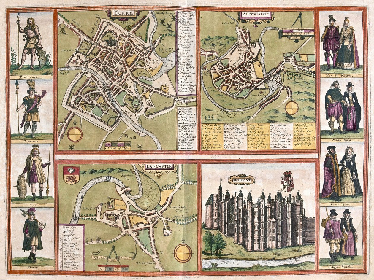 York, Shrewsbury, Lancaster i zamek Richmond, Anglia autorstwa Jodocus Hondius