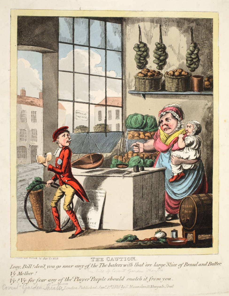 Ostrożność, Covent Garden Theatre, wyd. 1828 (ręcznie kolorowane grawerowanie) autorstwa Joe Lisle