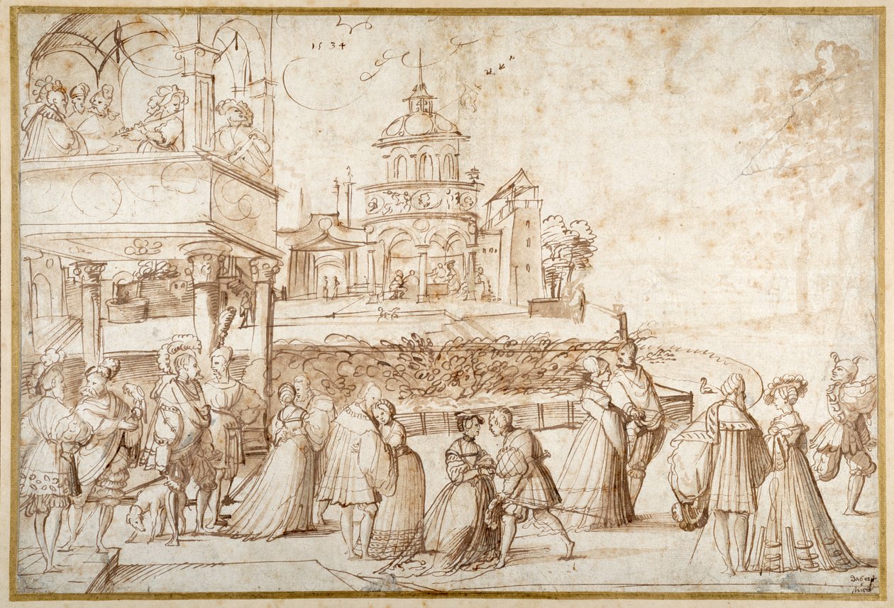 Scena towarzyska (pióro i tusz z praniem na papierze) autorstwa Joerg the Elder Breu