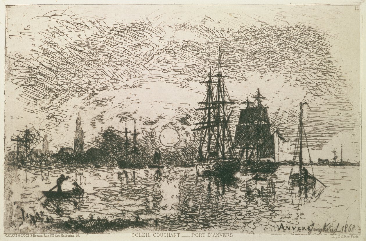Zachodzące słońce, port w Antwerpii, 1868 autorstwa Johan Barthold Jongkind