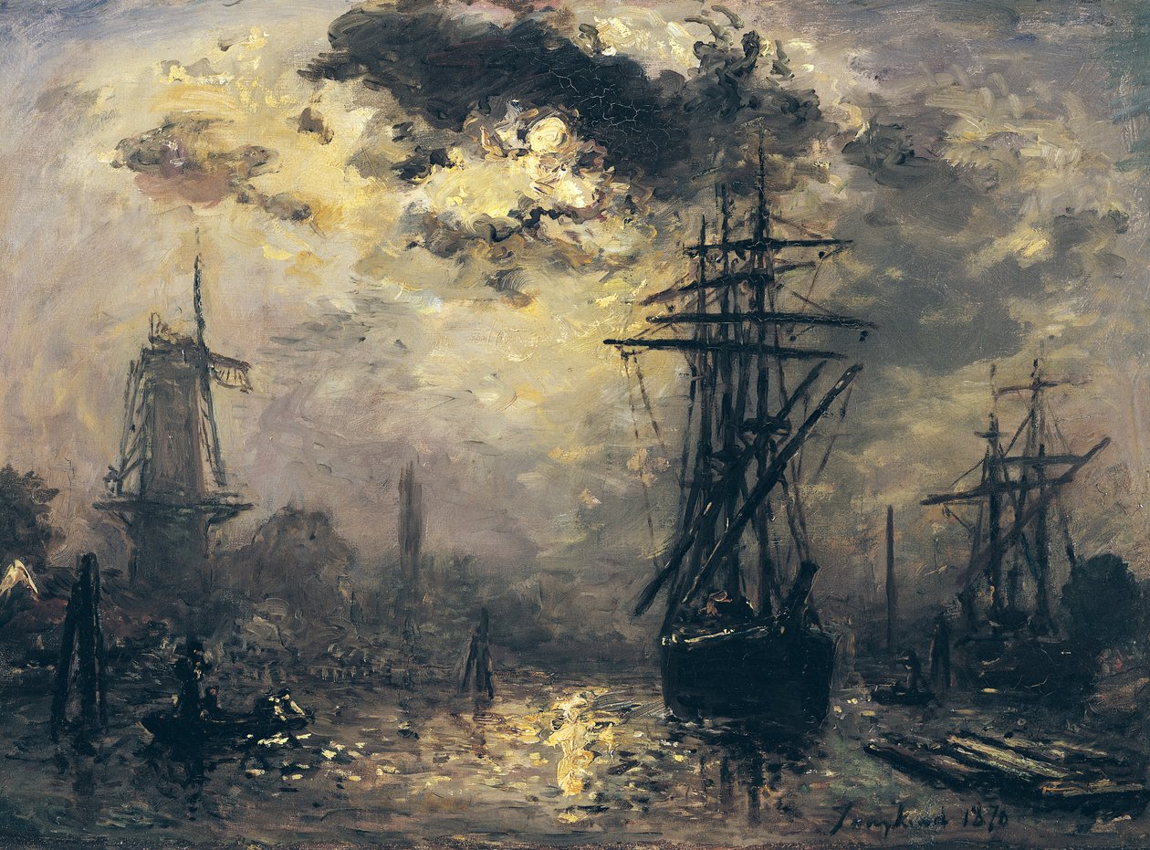 Widok na port, czyli wiatraki w Rotterdamie, 1870 autorstwa Johan Barthold Jongkind