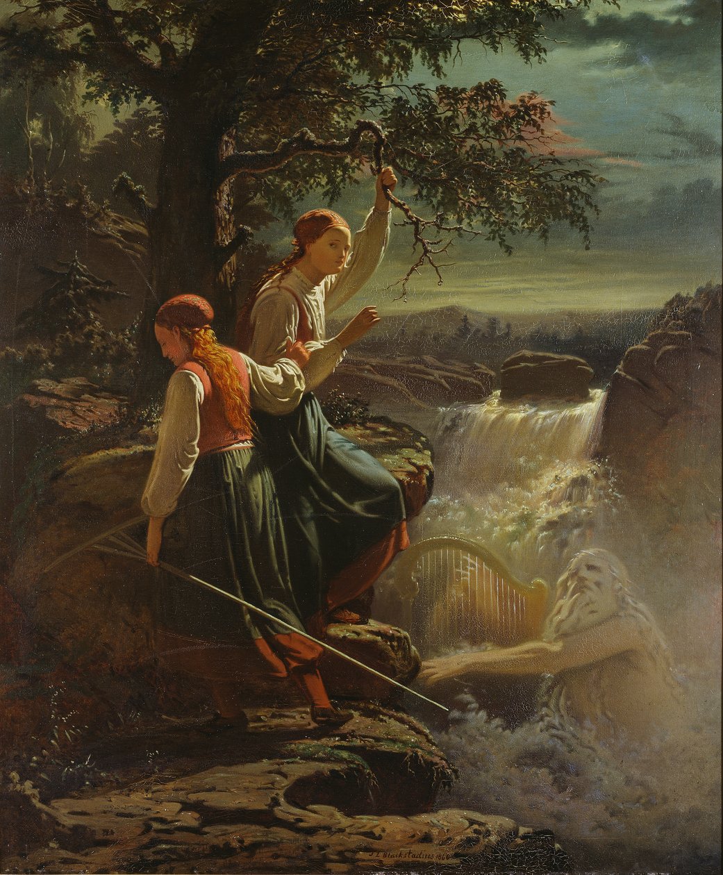 Dwie wieśniaczki słuchające gry duszka wody, 1860 autorstwa Johan Blackstadius