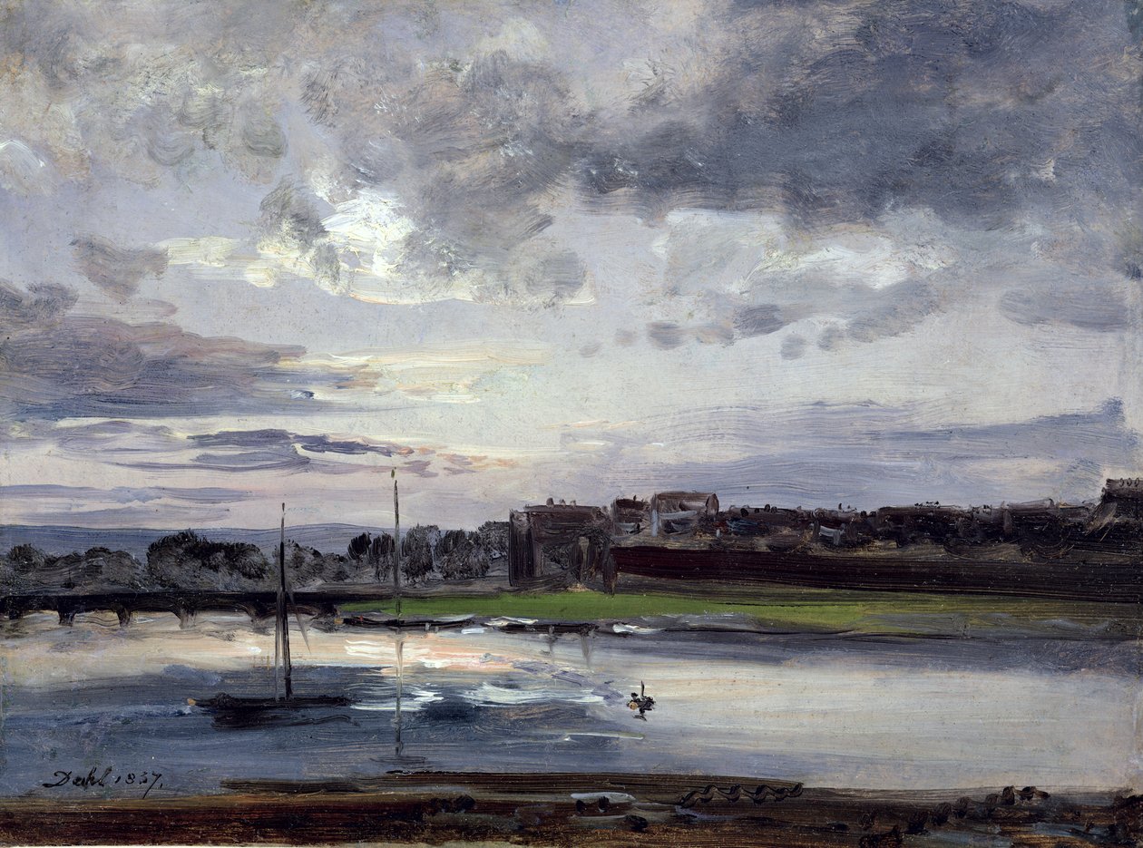 Łaba i Nowe Miasto, Drezno, w wieczornym świetle, 1837 (olej na papierze) autorstwa Johan Christian Dahl