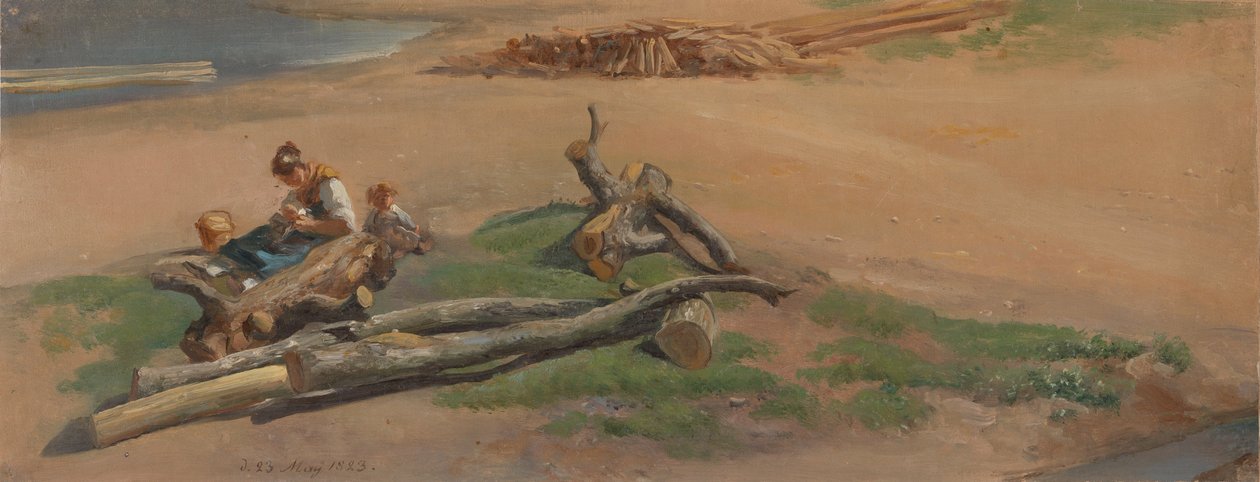 Kobieta i dziecko na brzegu rzeki autorstwa Johan Christian Dahl