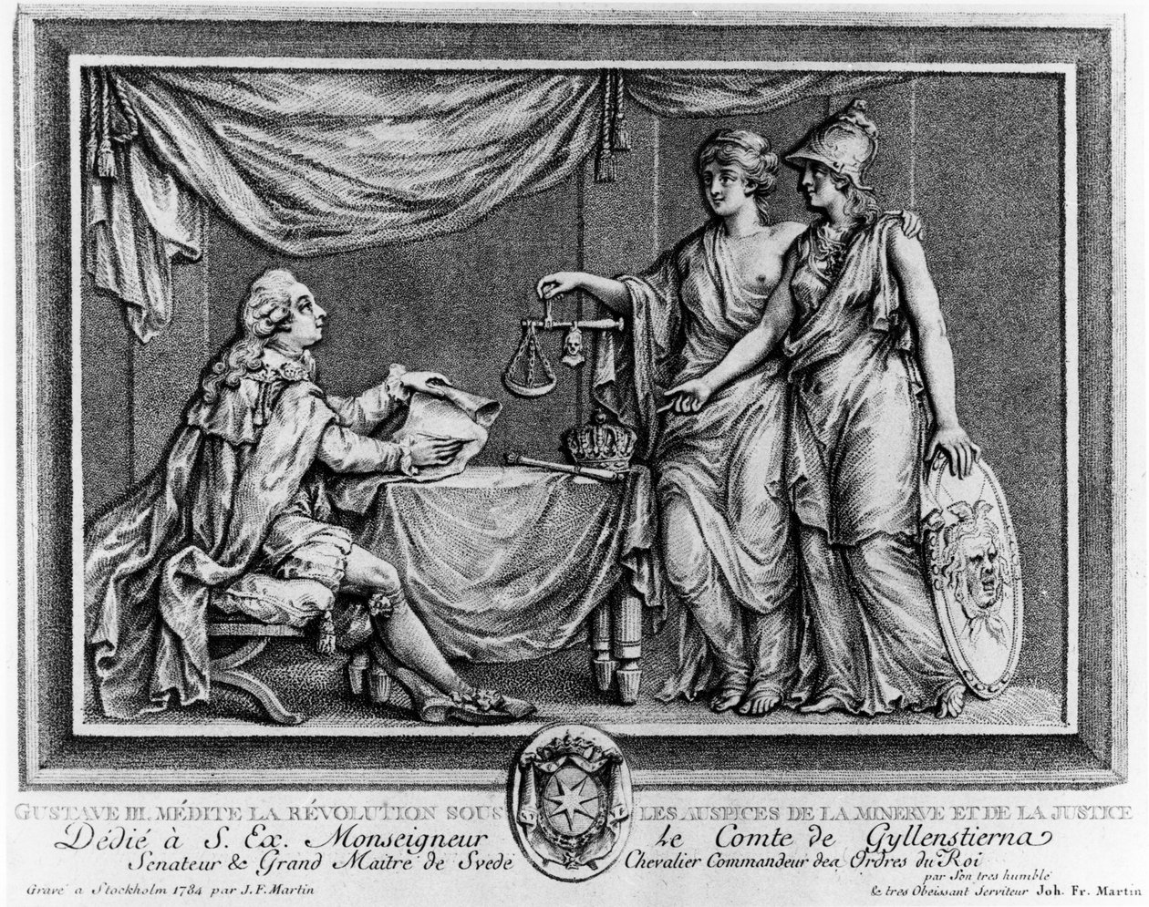 Gustaw III kontemplujący Rewolucję pod auspicjami Minerwy i Sprawiedliwości, 1784 autorstwa Johan Fredrik Martin