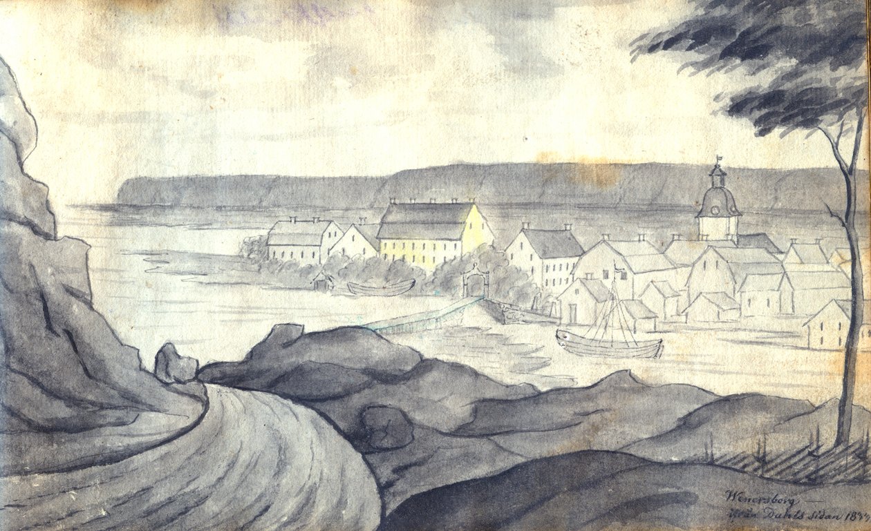 szwedzki: rysunek tuszem Laverad przedstawiający widok Vänersborg od strony jeziora Vänern w Dalsland autorstwa Johan Gustaf Thun