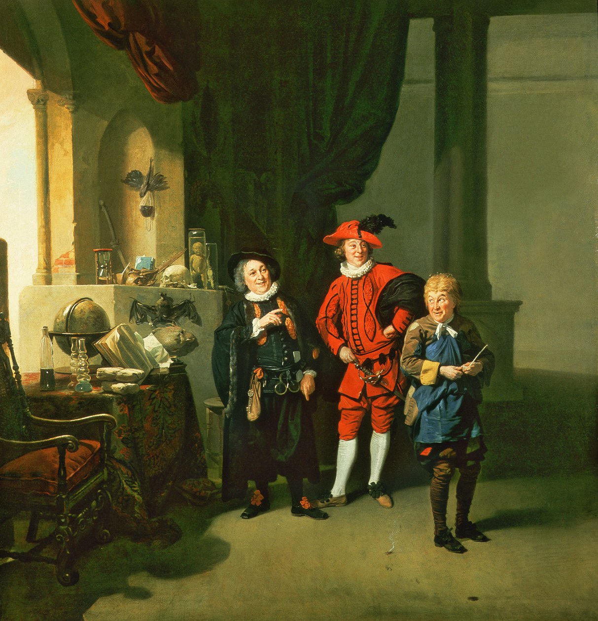 David Garrick z Williamem Burtonem i Johnem Palmerem w „Alchemiku” Bena Jonsona, 1770 autorstwa Johan Joseph Zoffany