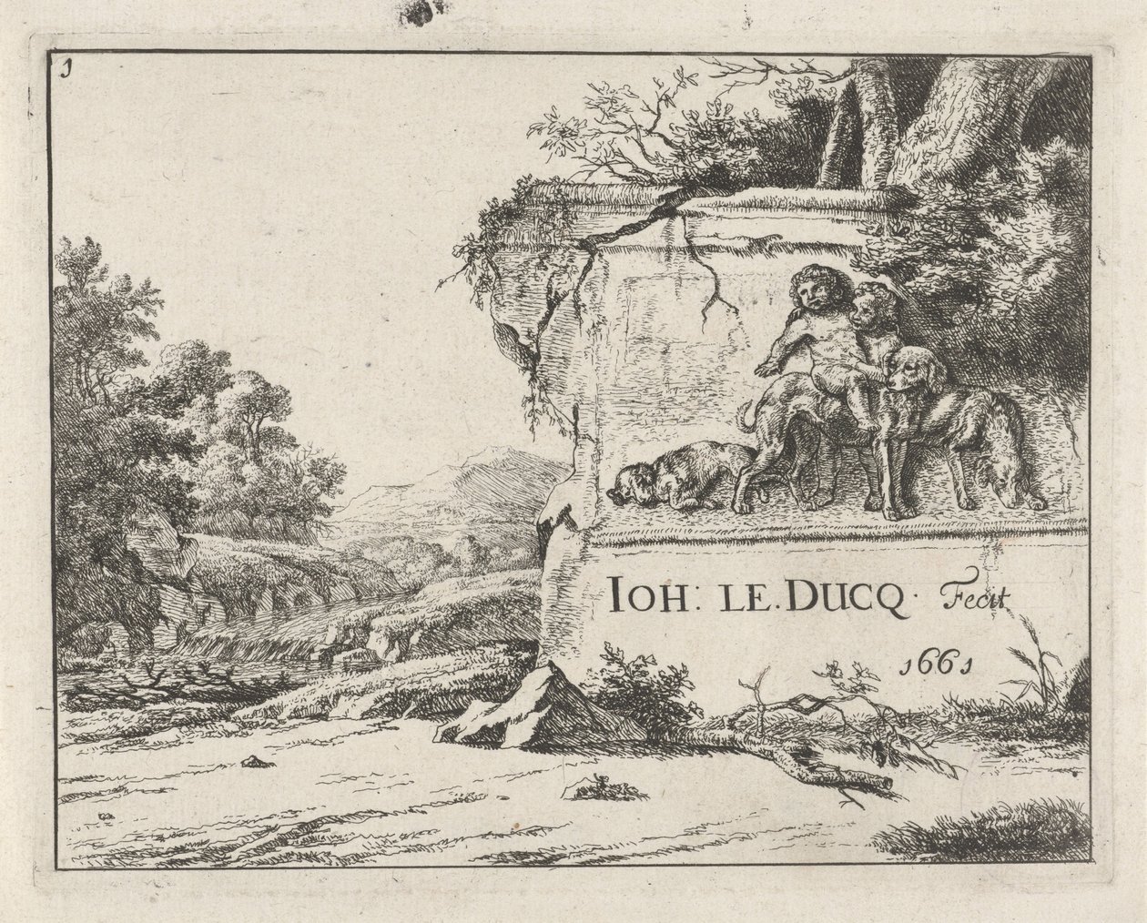 Widok ruiny, w krajobrazie z rzeką autorstwa Johan le Ducq