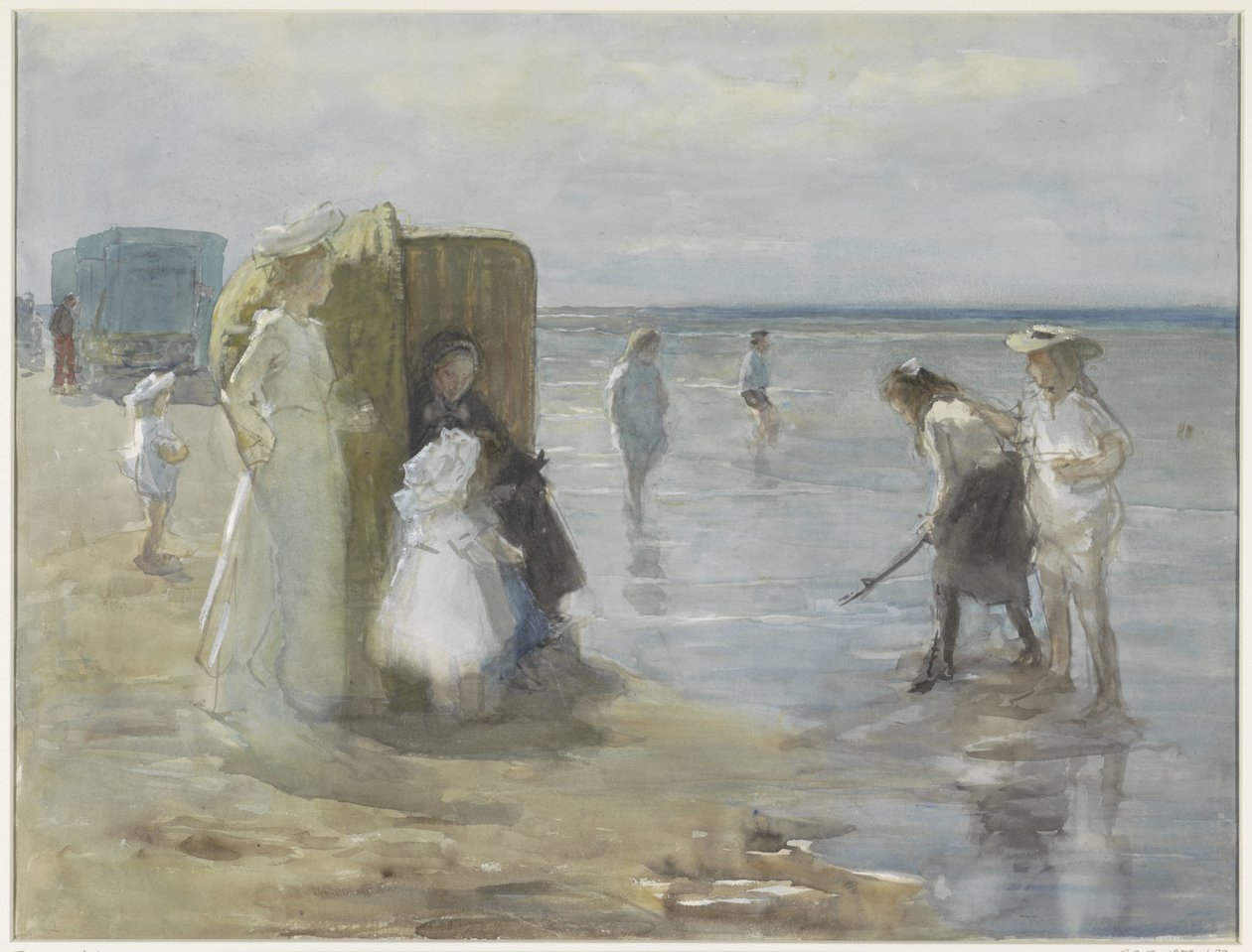 Widok wzdłuż linii przypływu na plaży Scheveningen z dwiema paniami i dziećmi autorstwa Johan Antonie de Jonge