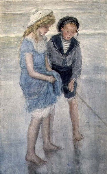 Dzieci wiosłujące w Scheveningen (akwarela) autorstwa Johan Antonio de Jonge