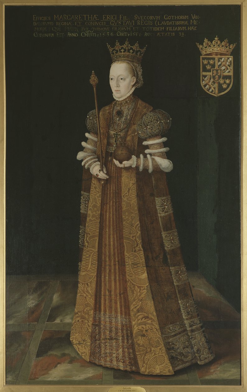 Marguerite Lejonhufvud, reine consort de Sweden, druga epoka Gustawa I Wazy - królowa Szwecji Małgorzata Leijonhufvud (1516-1551), po Uther, Johan Baptista van (czynny 1562-1597). Olej na płótnie. Wymiary: 195x121 cm. Muzeum Narodowe w Sztokholmie autorstwa Johan Baptista van (active 1562 1597) Uther