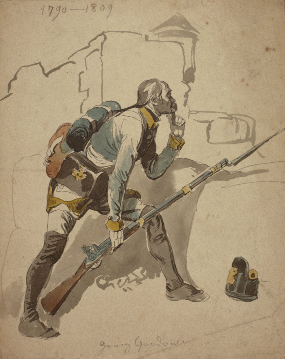 Prywatna piechota liniowa (prawdopodobnie 27 pułk, Hesja Cassell), 1790-1809 (akwarela) autorstwa Johan Baptiste Heinefetter
