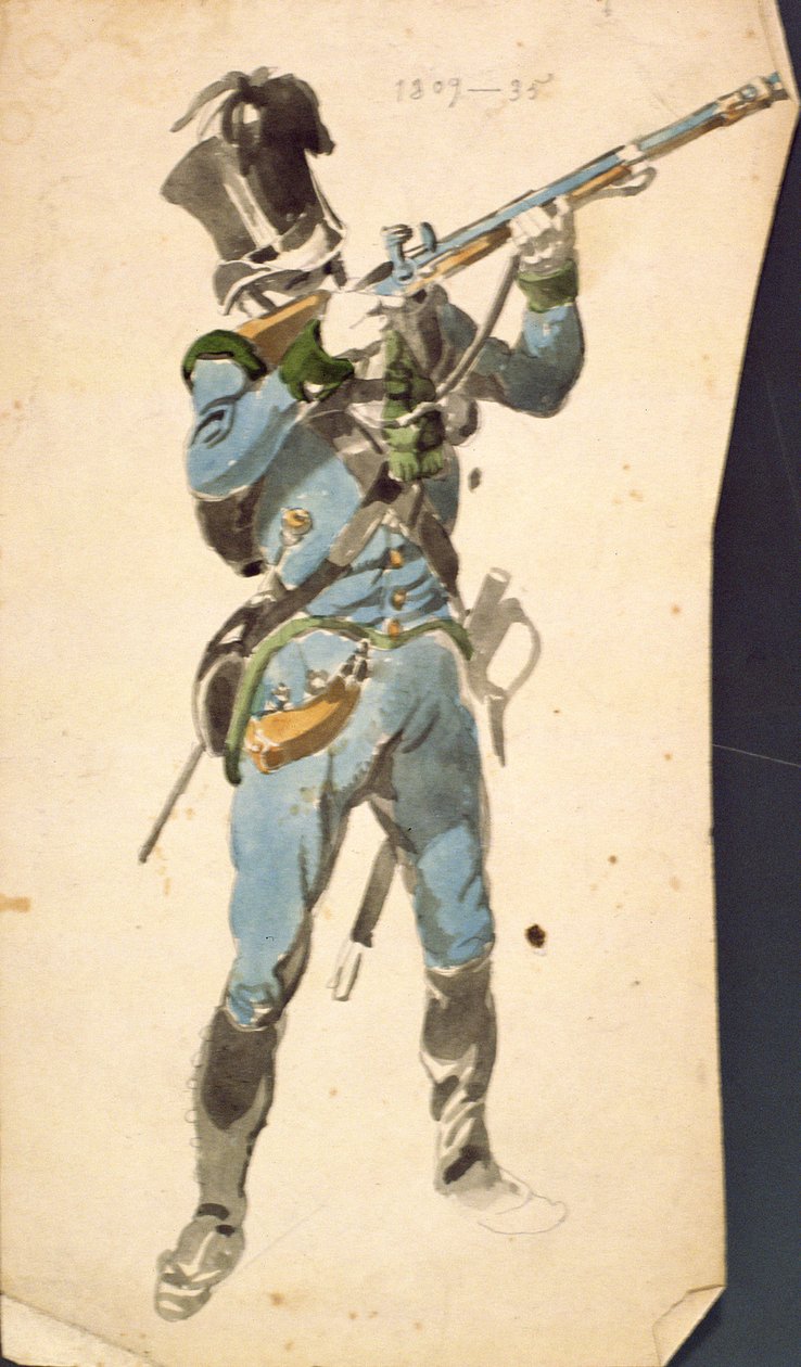 Strzelec austriackich Jaegerów, Prestiżowy Korpus Narodowej Elity, 1835 (akwarela) autorstwa Johan Baptiste Heinefetter
