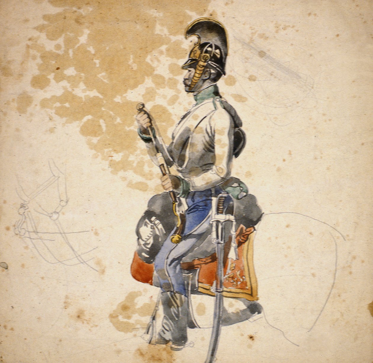 Pokazano żołnierza 5. pułku smoków, który ładuje swój pistolet konny, 1840-1850 (ołówek i farba wodna) autorstwa Johan Baptiste Heinefetter