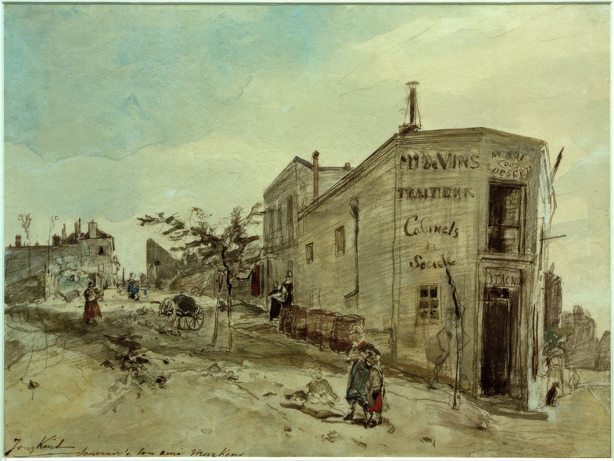 Widok na Montmartre, kawiarnię Le Roi du Desert autorstwa Johan Barthold Jongkind