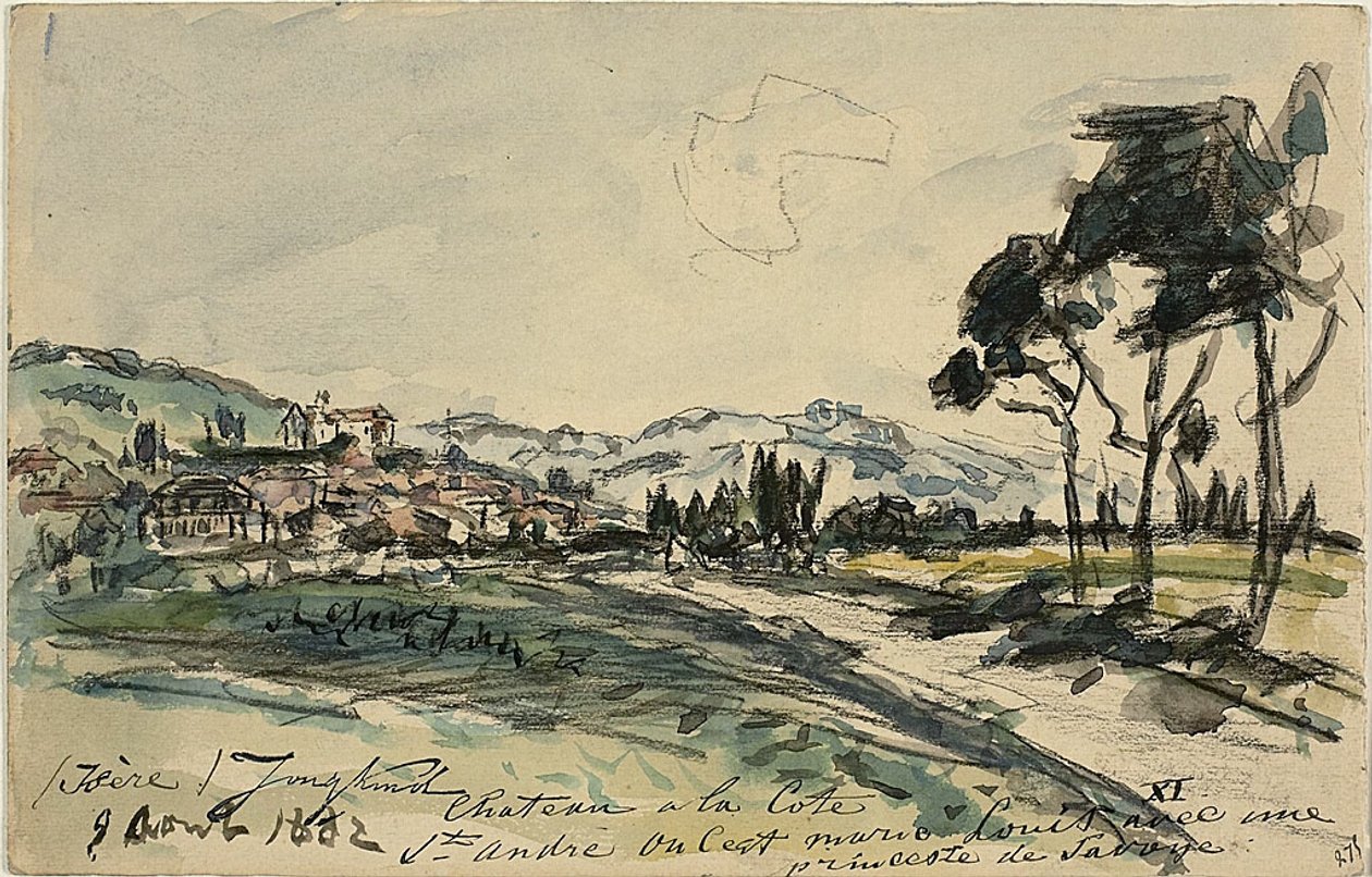 Chateau, Cote Saint Andre (recto) Pusty wózek i szopa z innymi szkicami (verso) autorstwa Johan Barthold Jongkind