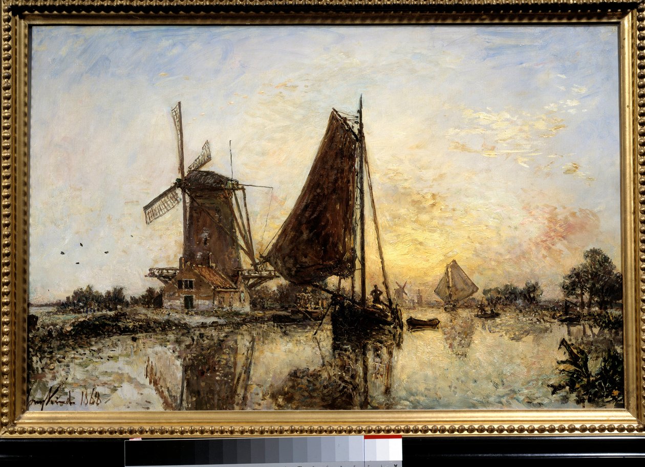 Holenderski krajobraz, łodzie w pobliżu młyna Obraz Jeana Bartholda Jongkinda (1819-1891) 1868 nd. 0,52x0,81 m Paryż, Musee d