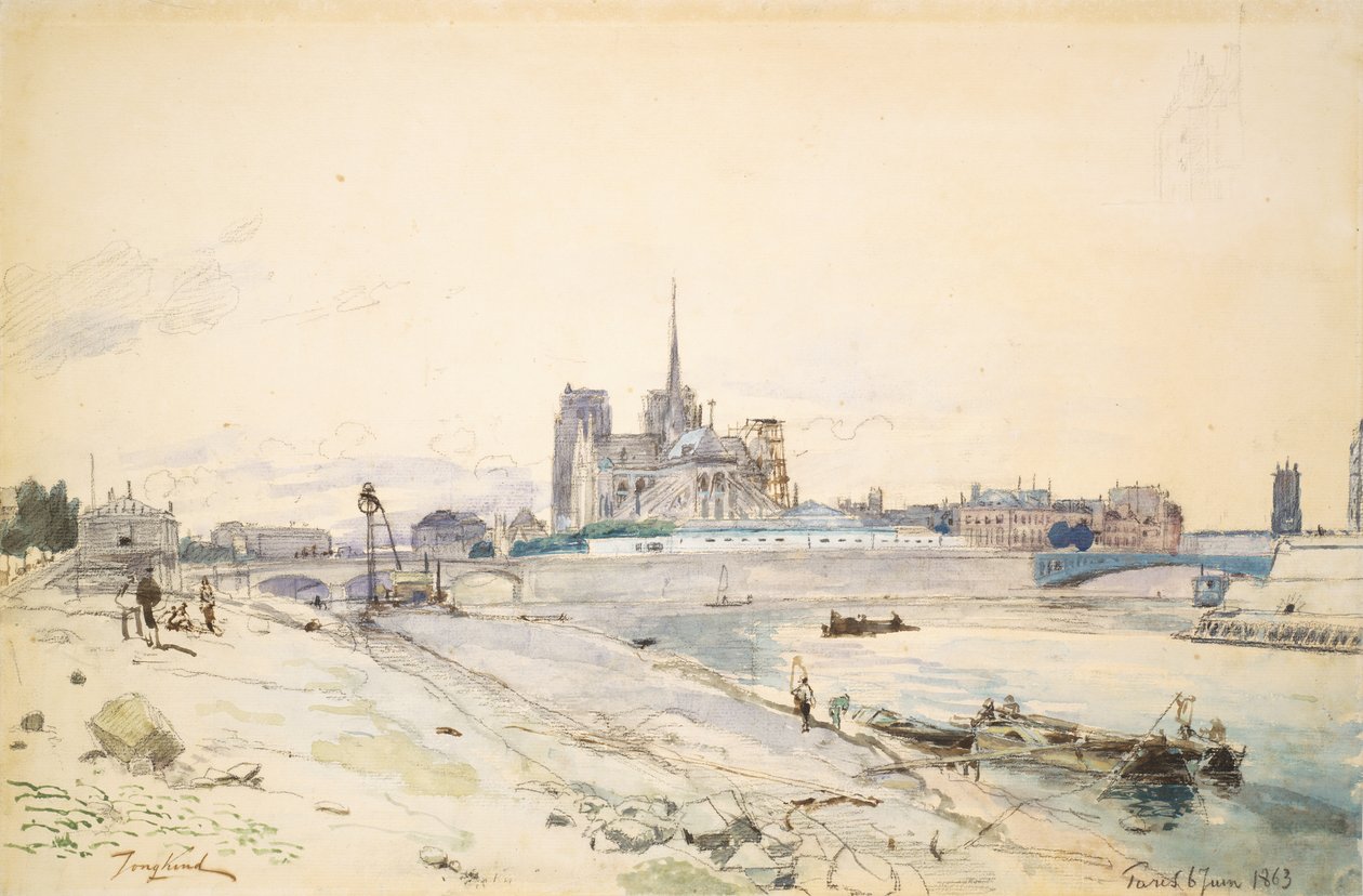 Notre Dame w Paryżu widziana z Quai de la Tournelle autorstwa Johan Barthold Jongkind