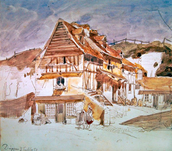 Stare domy w Dieppe, Normandia, Francja, 1851 (pióro, atrament i toaleta na papierze) autorstwa Johan Barthold Jongkind