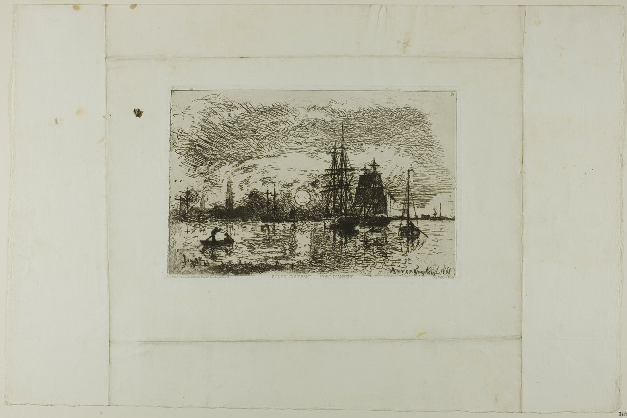 Zachodzące słońce, port w Antwerpii autorstwa Johan Barthold Jongkind