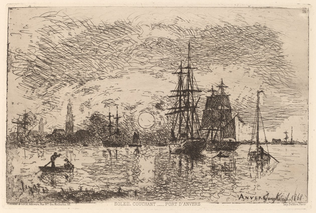 Zachód słońca nad portem w Antwerpii autorstwa Johan Barthold Jongkind