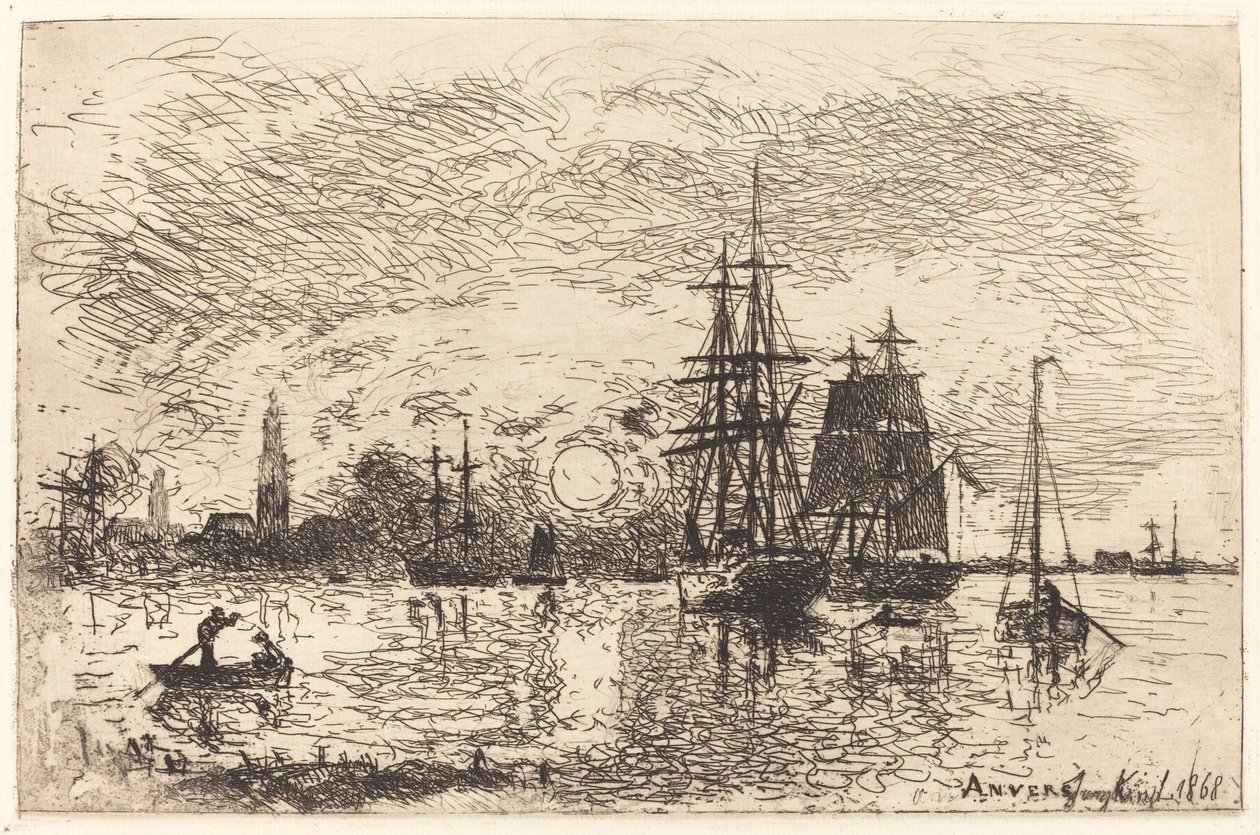 Zachód słońca, port w Antwerpii autorstwa Johan Barthold Jongkind