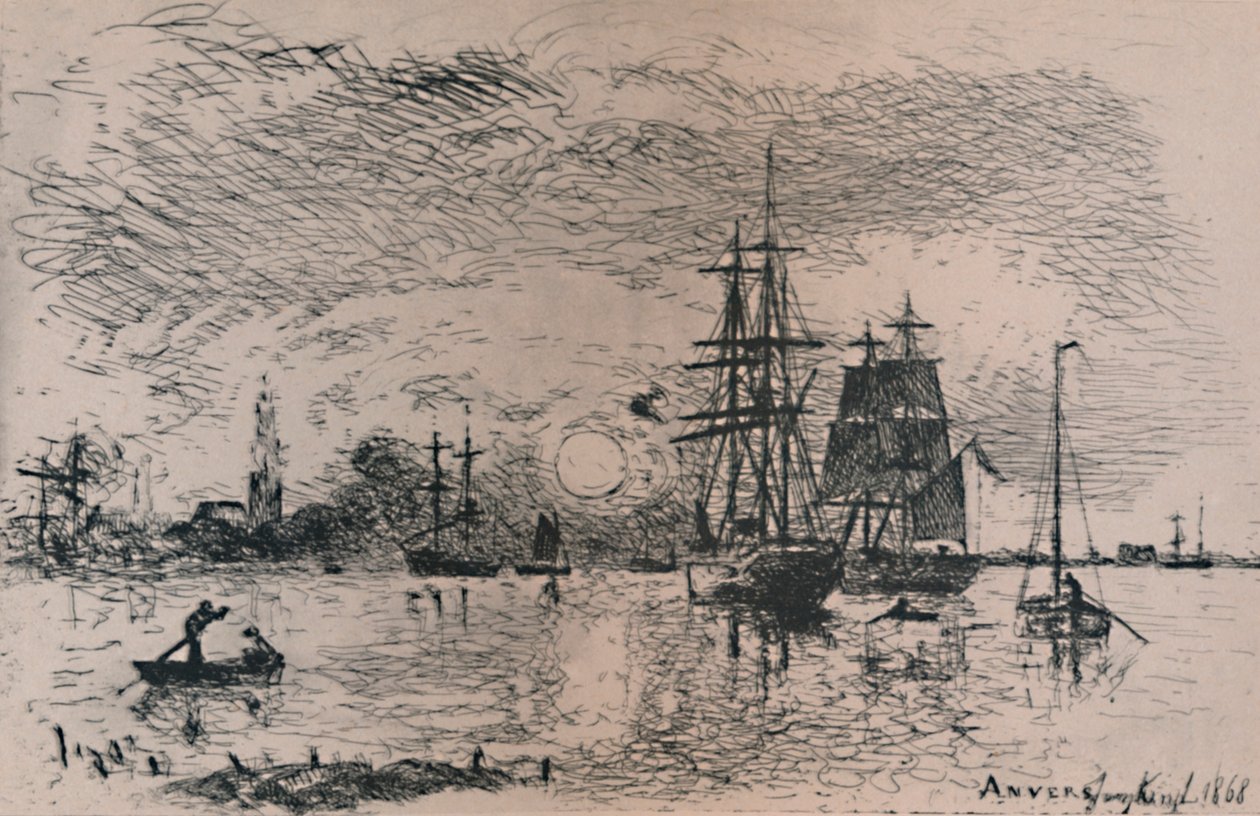 Zachód słońca w porcie w Antwerpii, 1868, 1946 autorstwa Johan Barthold Jongkind