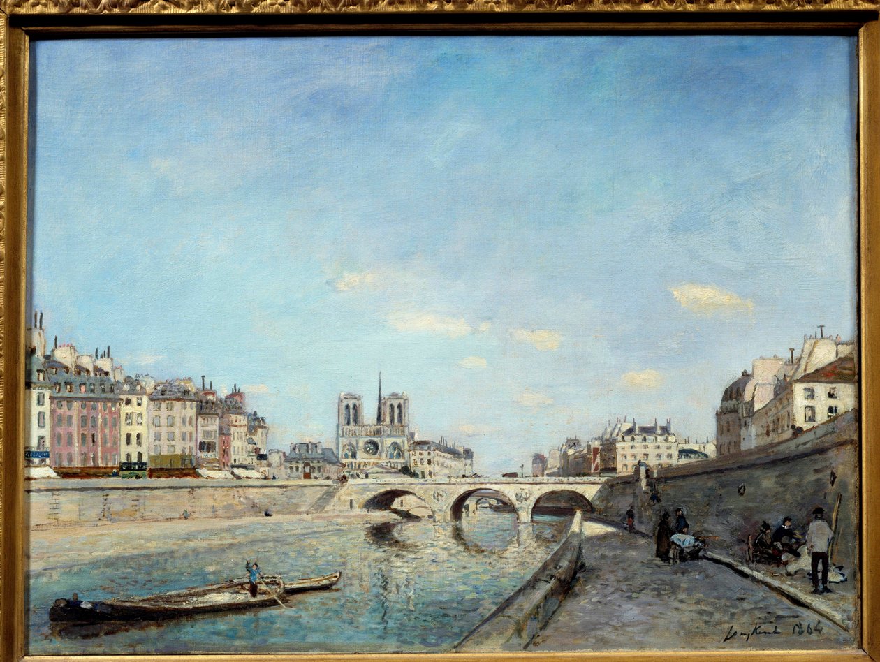 Widok na brzegi Sekwany i Cathedrale Notre Dame de Paris Peniche na rzece. Obraz Johana Bartholda Jongkinda (1819-1891) 1864 Nd. 0,42x0,56 m Paryż, musee d