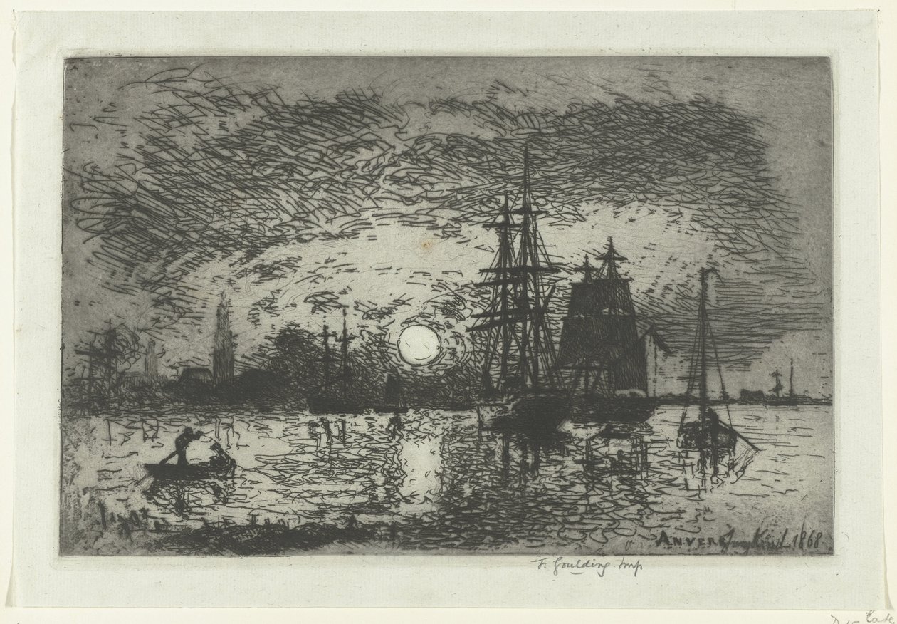 Zachód słońca w porcie w Antwerpii Soleil couchant - Port d