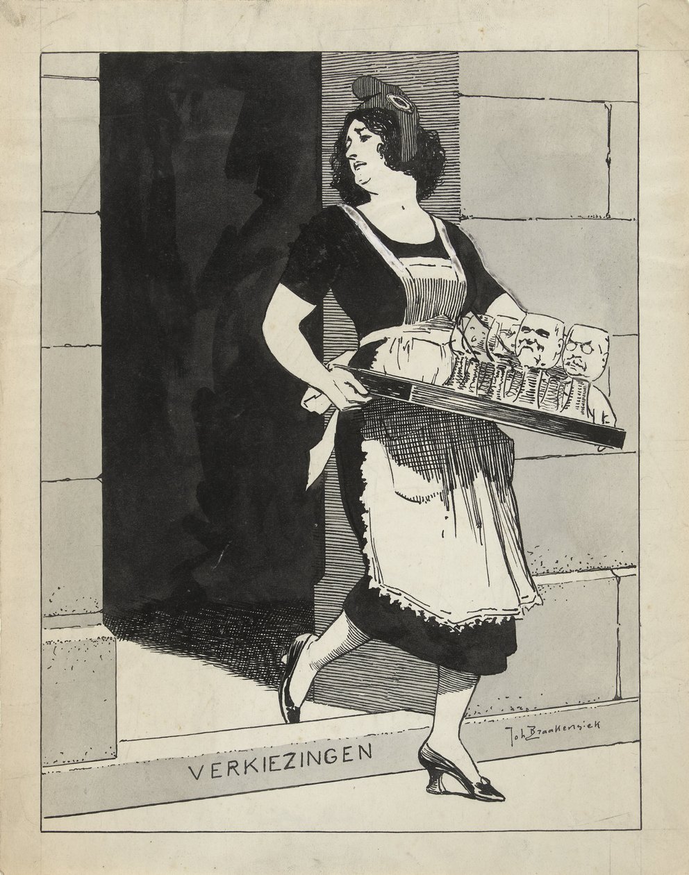 Projekt do ilustracji w De Amsterdammer: Holenderska Dziewica jako pokojówka z tacą kieliszków potyka się na schodach wyborczych (17 maja 1924) autorstwa Johan Braakensiek