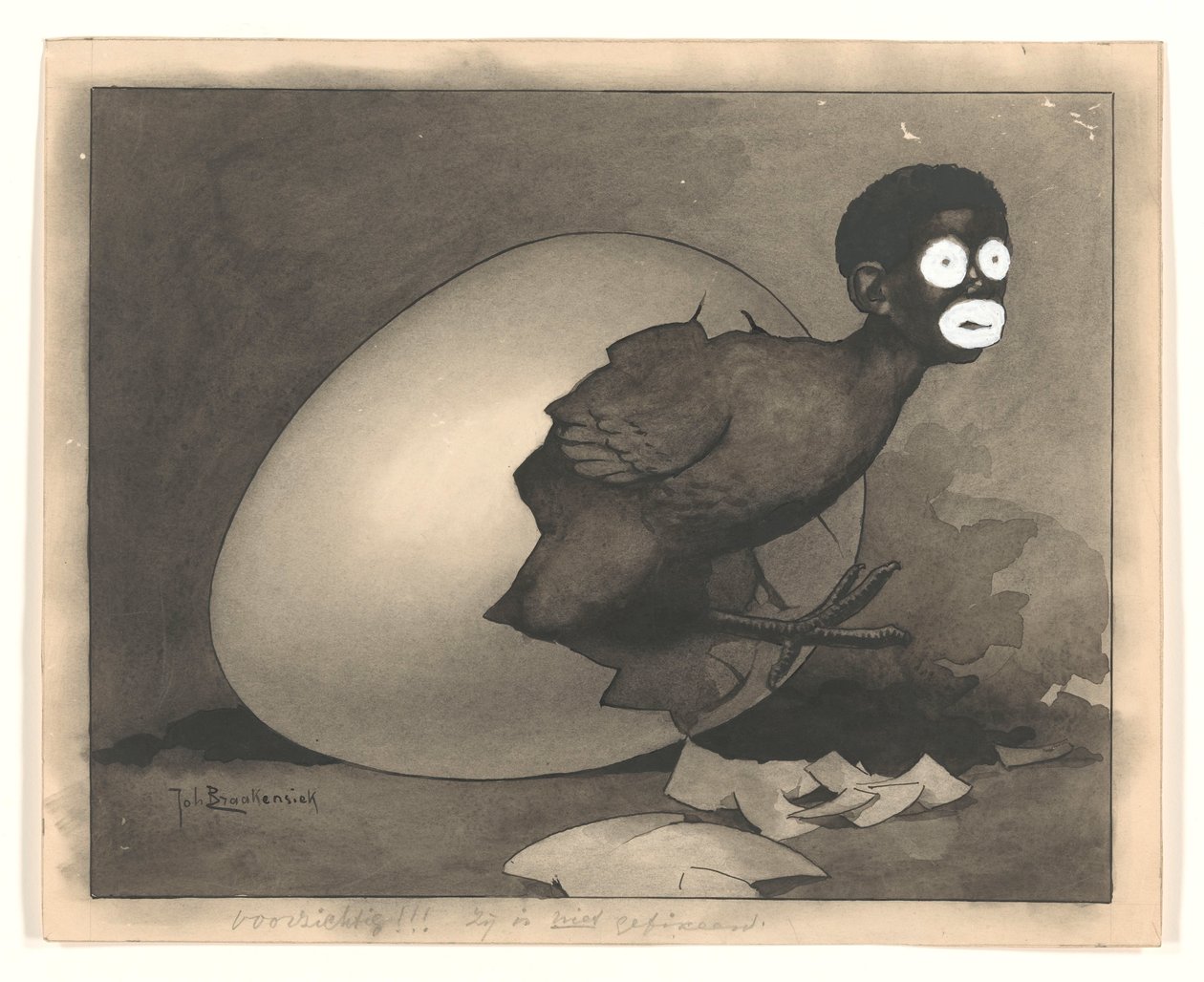 Projekt do ilustracji w De Amsterdammer: czarny mężczyzna wykluwa się z jajka (19 kwietnia 1930) autorstwa Johan Braakensiek
