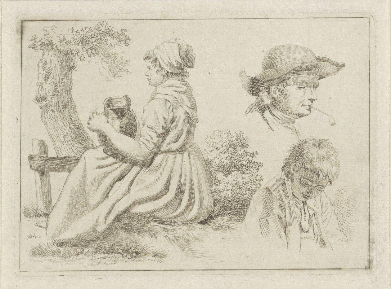 Siedząca kobieta z dzbanem, portret mężczyzny z fajką i chłopca autorstwa Johan Christiaan Willem Safft