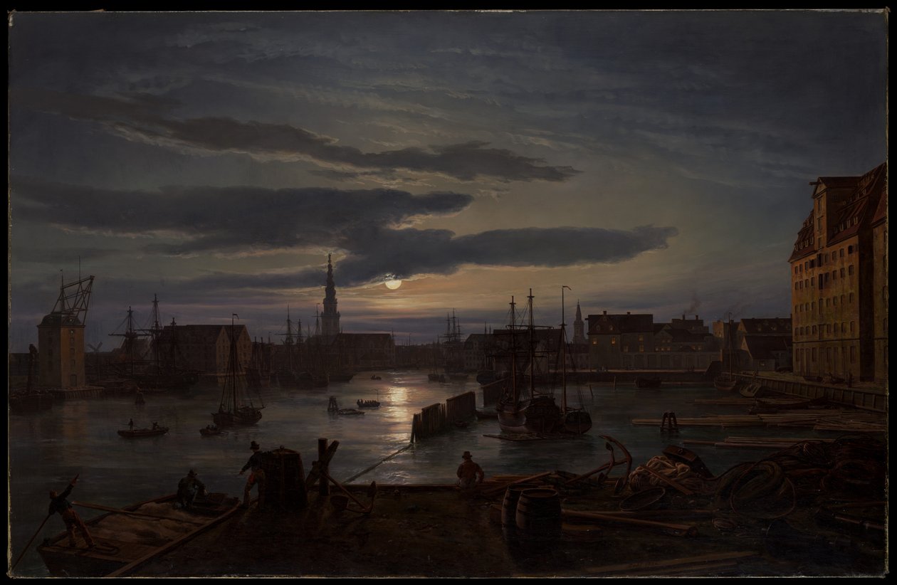 Port w Kopenhadze w blasku księżyca autorstwa Johan Christian Dahl