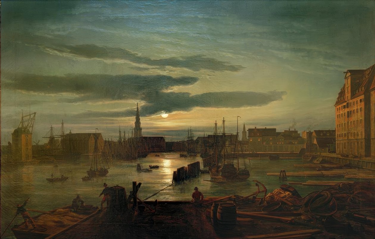 Port w Kopenhadze w świetle księżyca autorstwa Johan Christian Dahl