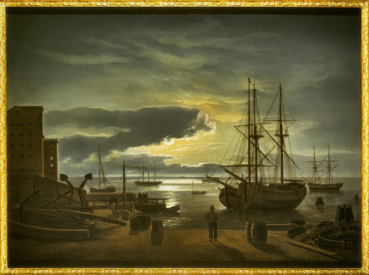 Port w Kopenhadze przy świetle księżyca autorstwa Johan Christian Dahl