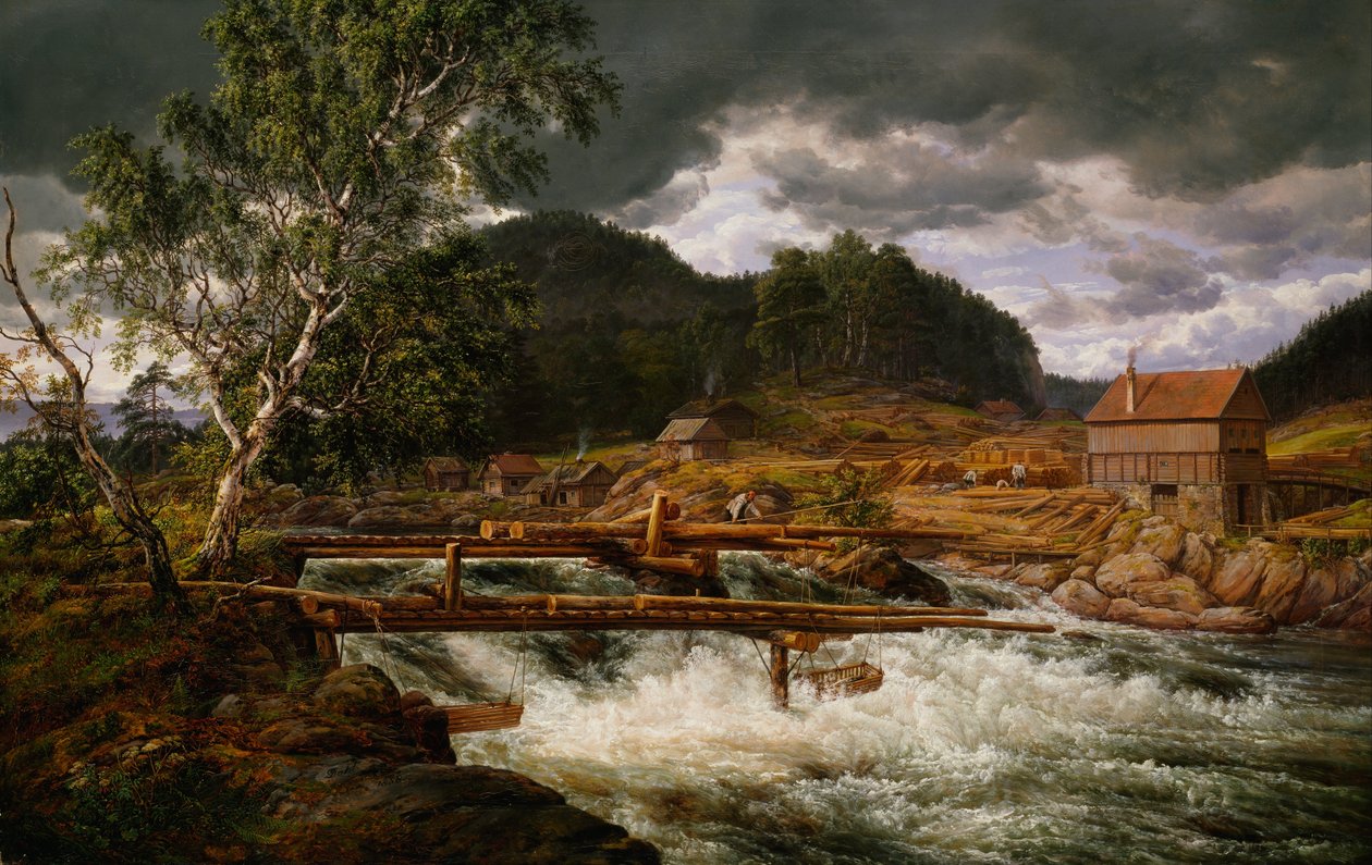 Norweski Bokmål:  Hellefossen ved Hokksund Hellefossen w pobliżu Hokksund autorstwa Johan Christian Dahl