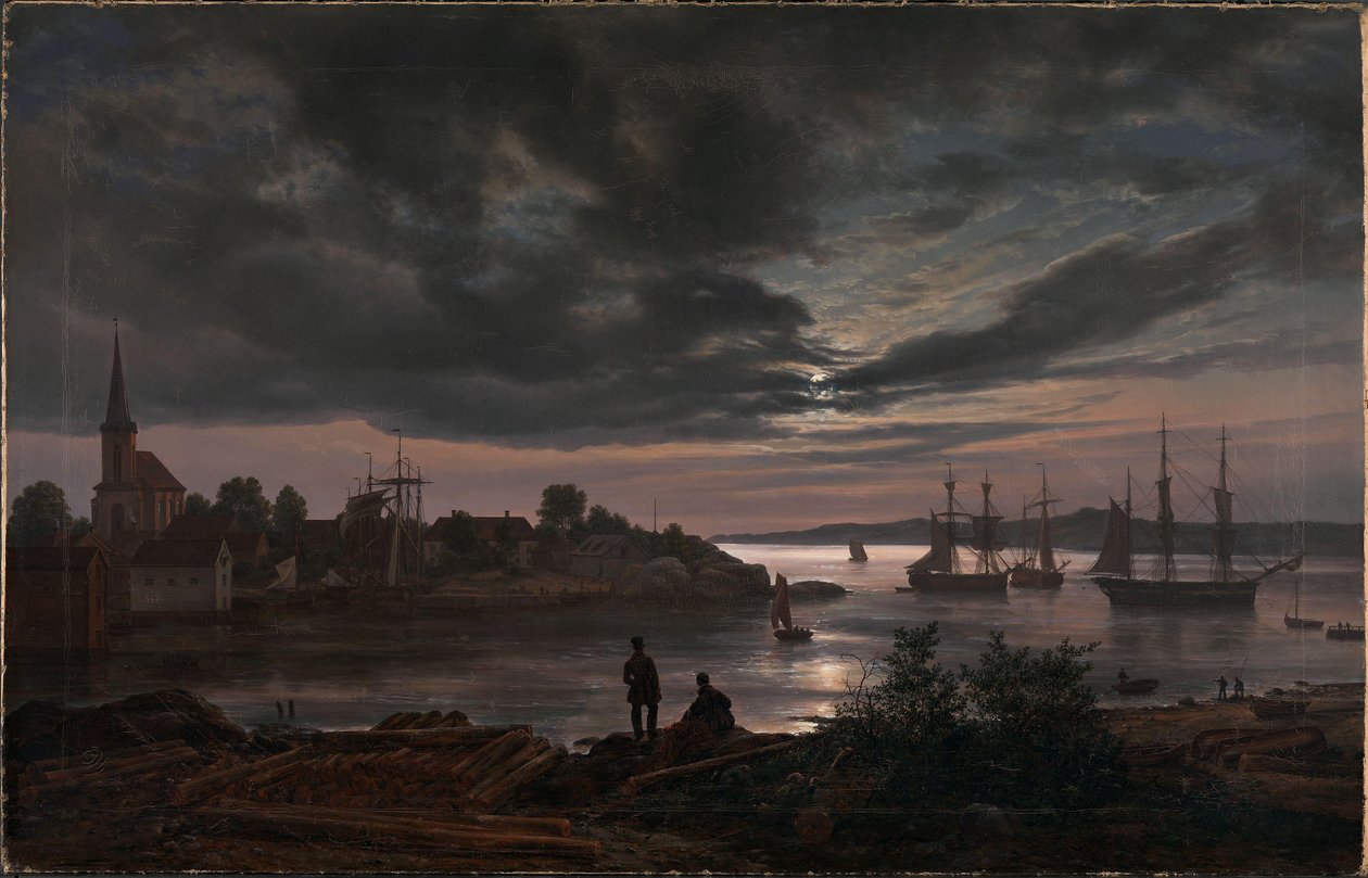 Norwegia:  Port Larvik w świetle księżyca Larvik by Moonlight autorstwa Johan Christian Dahl