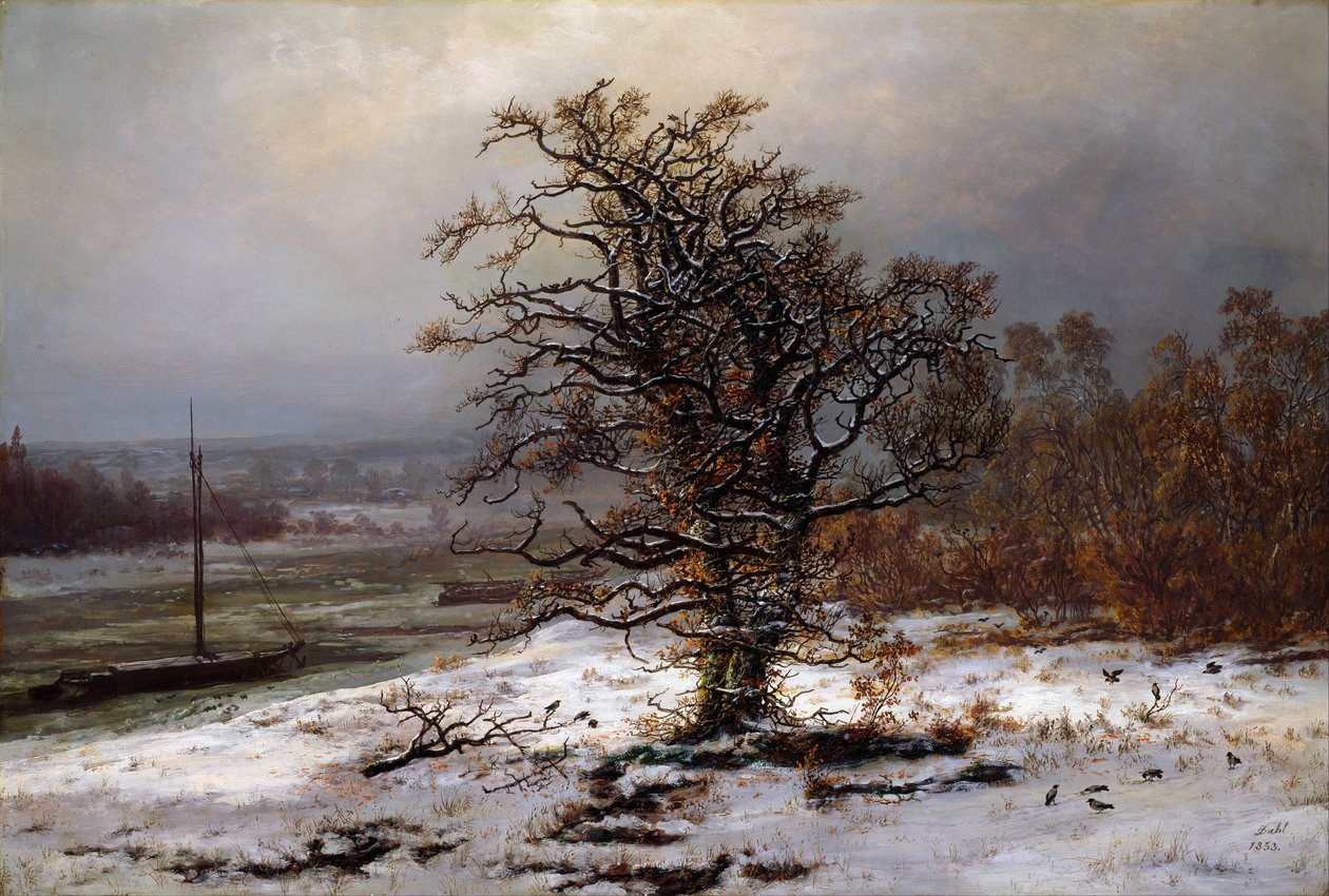 „Pejzaż zimowy z dębem nad brzegiem Łaby, Niemcy” Obraz Johana Christiana Clausena Dahla (1788-1857) 1853 Narodowe Muzeum Sztuki, Oslo autorstwa Johan Christian Dahl