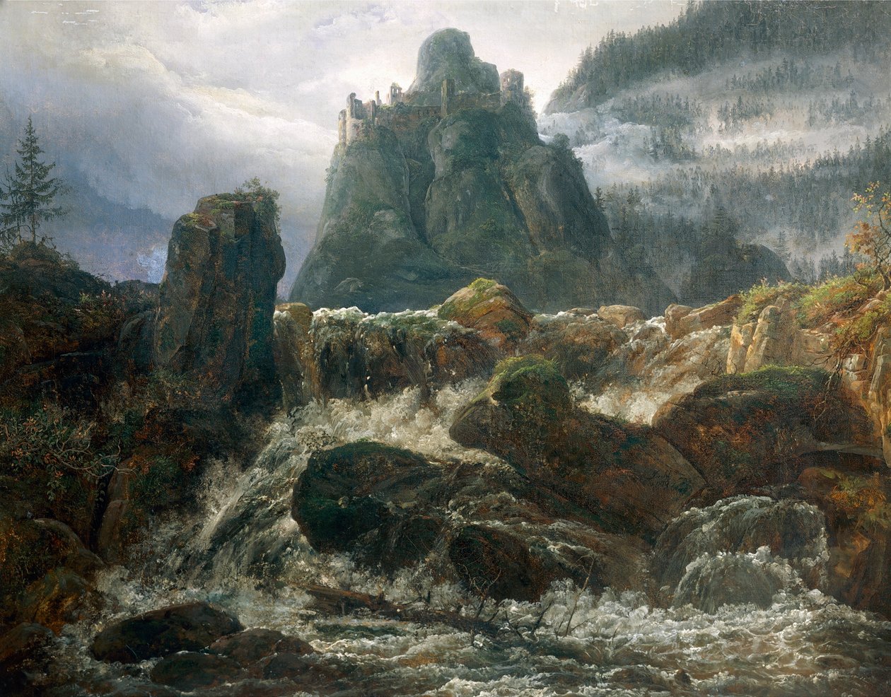 Romantyczne ruiny ze strumieniem, namalowane przez Johana Christiana Clausena Dahla (1788-1857). autorstwa Johan Christian Dahl