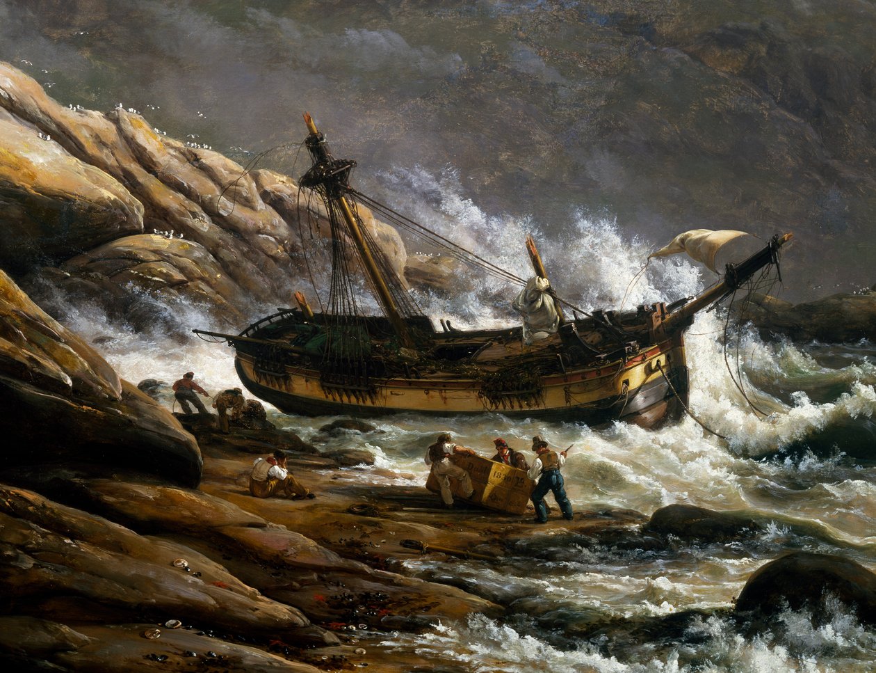 Wrak statku na norweskim wybrzeżu, Johan Christian Clausen Dahl (1788-1857), detal, Norwegia autorstwa Johan Christian Dahl