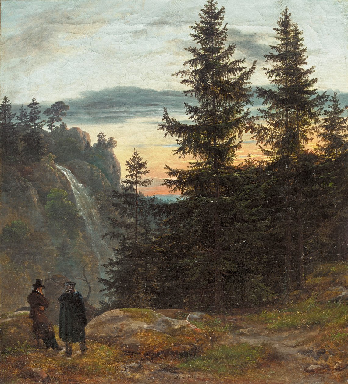 Dwóch mężczyzn przed wodospadem o zachodzie słońca autorstwa Johan Christian Dahl