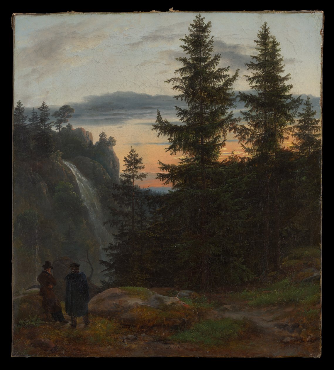 Dwaj mężczyźni przed wodospadem o zachodzie słońca autorstwa Johan Christian Dahl