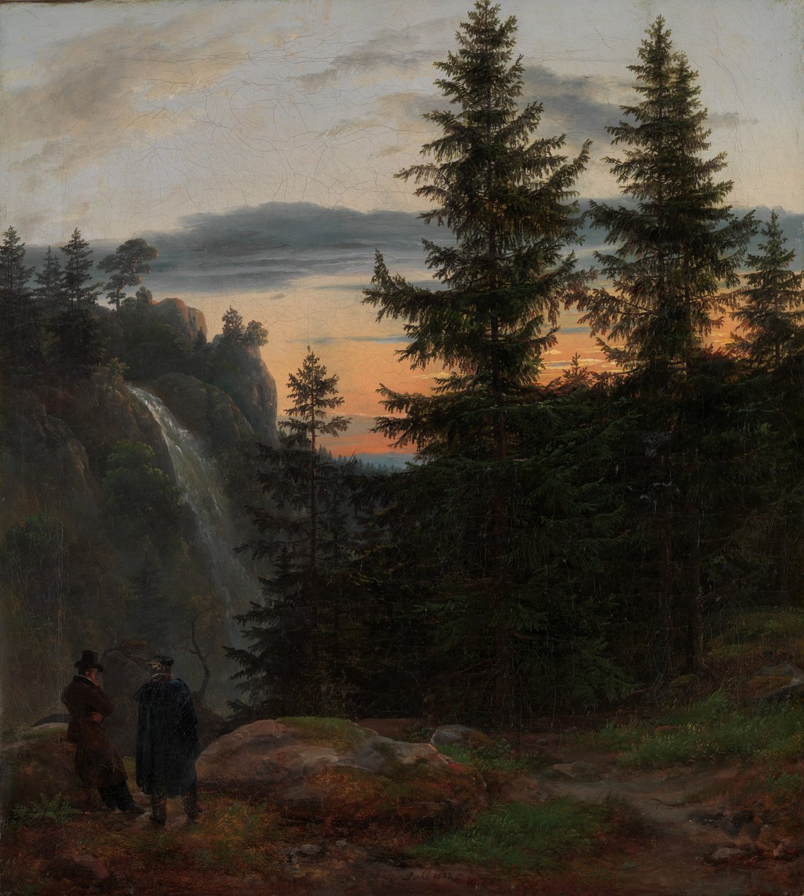 Dwóch mężczyzn przed wodospadem o zachodzie słońca, 1823. autorstwa Johan Christian Dahl