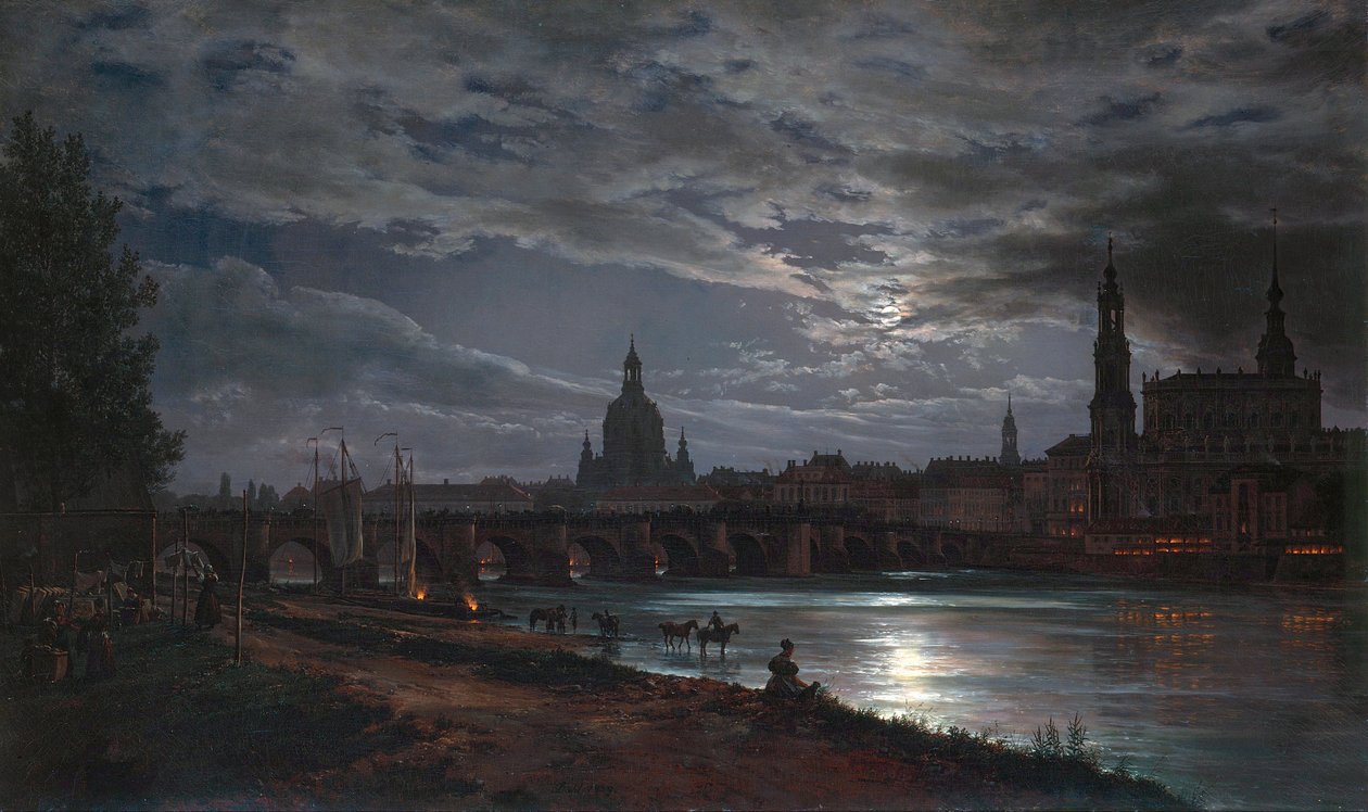 "" Vue de Dresde au clair de lune "" (Widok Drezna przy świetle księżyca) Peinture de Johan Christian Clausen Dahl (1788-1857) 1839 - Olej na płótnie Ciemny 78x130 cm Drezdeńskie Państwowe Kolekcje Sztuki Drezno autorstwa Johan Christian Dahl