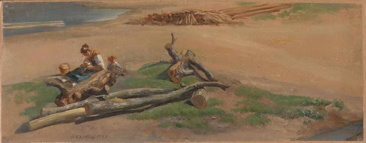 Kobieta i dziecko na brzegu rzeki autorstwa Johan Christian Dahl