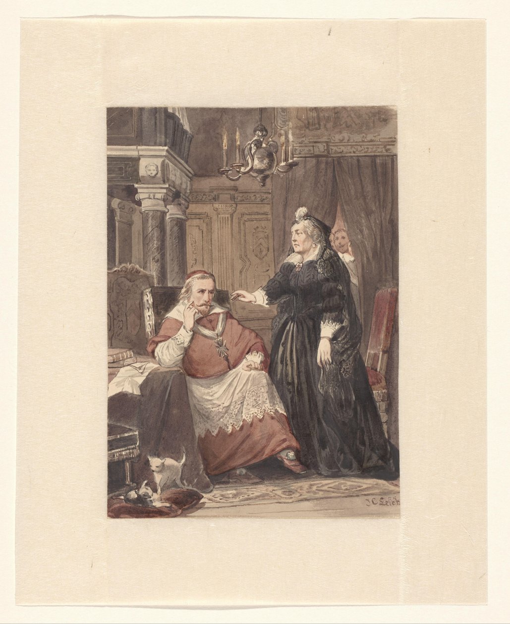 Dwie osoby we wnętrzu, prawdopodobnie Maria de Medici i kardynał de Richelieu autorstwa Johan Coenraad Leich (signed by artist)