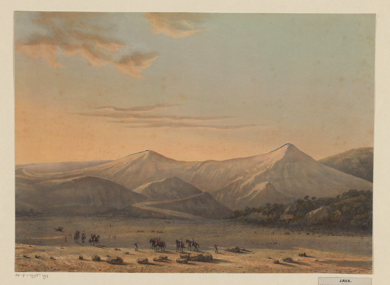 Widok na wulkan Bromo Ziejąca ogniem góra Bromo w 1856 r. (rezydencja Probolingo) (tytuł na obiekcie) autorstwa Johan Conrad Greive
