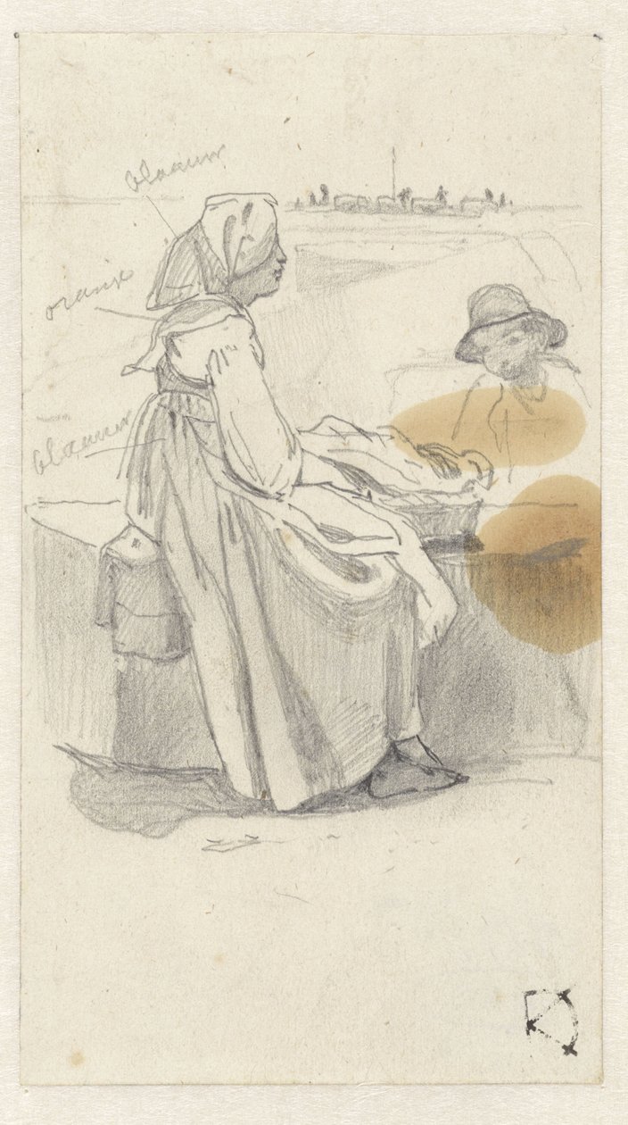 Kobieta, w profilu, odpoczywająca na murku, na którym stoi kosz autorstwa Johan Daniël Koelman