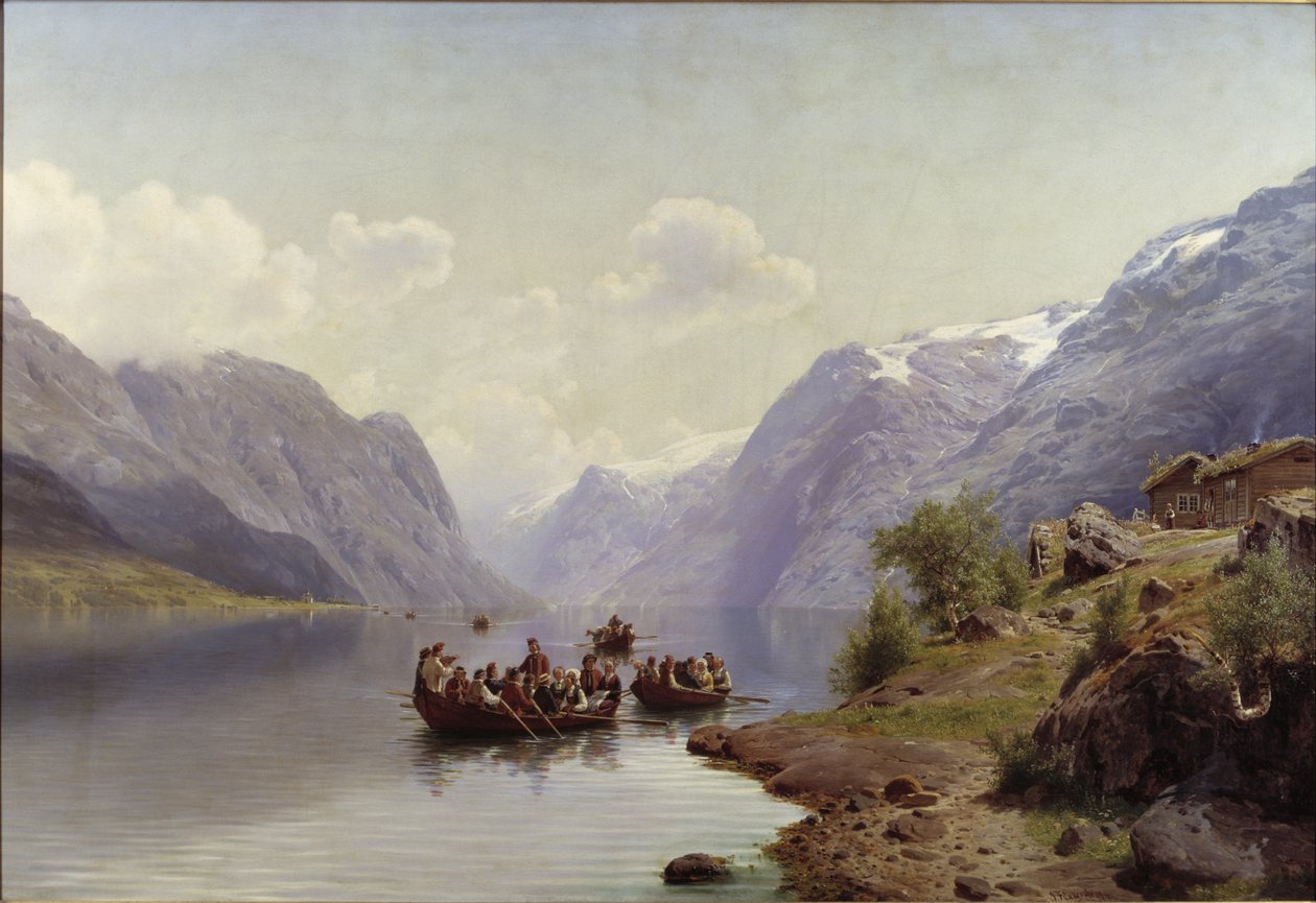 Eskorta dla nowożeńców na fiordzie Hardanger, 1865 autorstwa Johan Fredrik Eckersberg